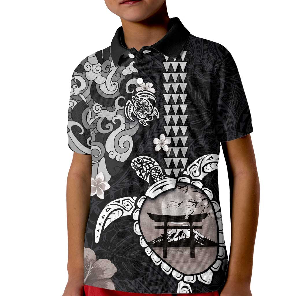 Hawaiian and Japanese Together Kid Polo Shirt Japanese Culture and Turtle Kakau Tattoo Black Color LT03 Kid Black - Polynesian Pride