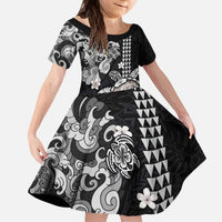 Hawaiian and Japanese Together Kid Short Sleeve Dress Japanese Culture and Turtle Kakau Tattoo Black Color LT03 KID Black - Polynesian Pride
