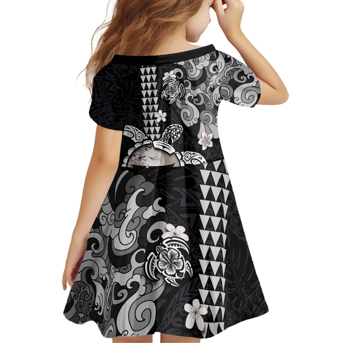 Hawaiian and Japanese Together Kid Short Sleeve Dress Japanese Culture and Turtle Kakau Tattoo Black Color LT03 - Polynesian Pride