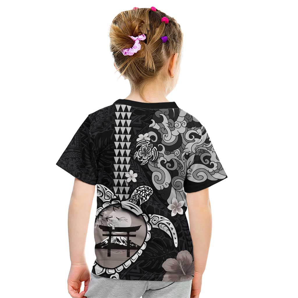 Hawaiian and Japanese Together Kid T Shirt Japanese Culture and Turtle Kakau Tattoo Black Color