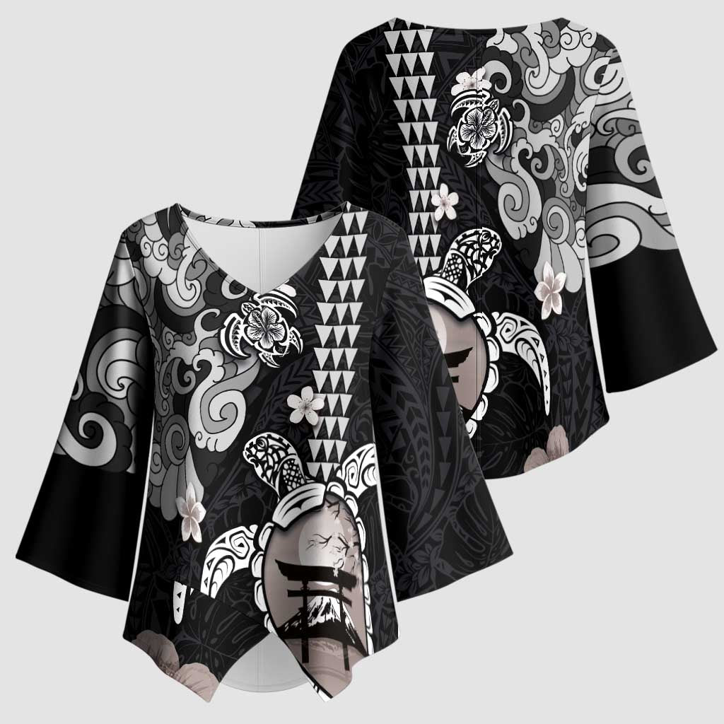 Hawaiian and Japanese Together Kimono Sleeve Blouse Japanese Culture and Turtle Kakau Tattoo Black Color LT03 - Polynesian Pride