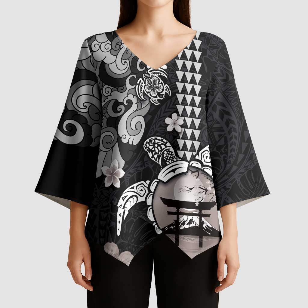 Hawaiian and Japanese Together Kimono Sleeve Blouse Japanese Culture and Turtle Kakau Tattoo Black Color LT03 - Polynesian Pride