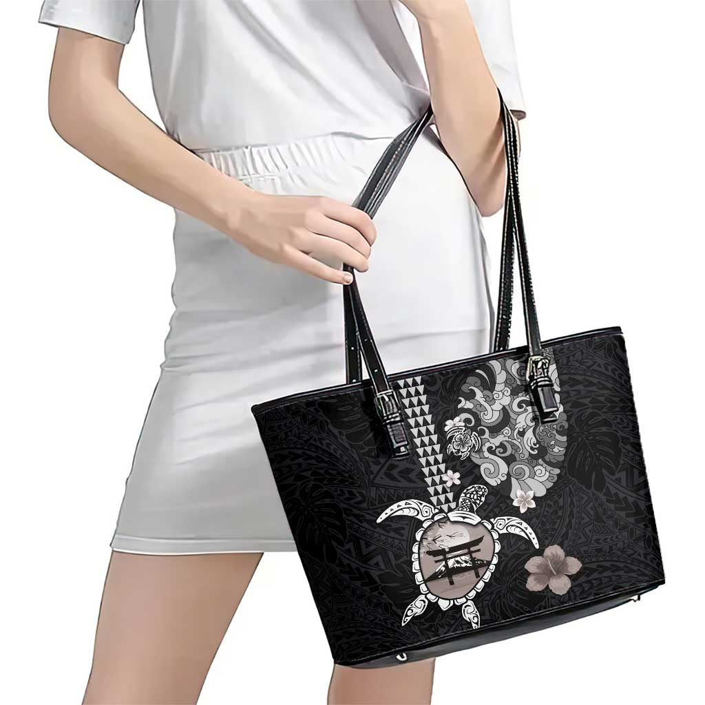 Hawaiian and Japanese Together Leather Tote Bag Japanese Culture and Turtle Kakau Tattoo Black Color LT03 - Polynesian Pride