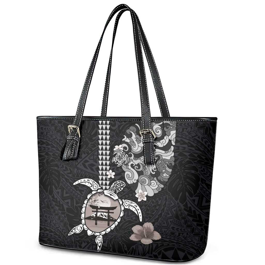 Hawaiian and Japanese Together Leather Tote Bag Japanese Culture and Turtle Kakau Tattoo Black Color LT03 - Polynesian Pride
