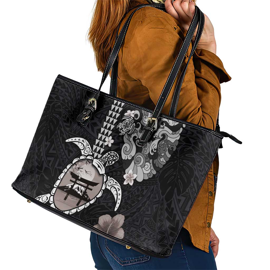 Hawaiian and Japanese Together Leather Tote Bag Japanese Culture and Turtle Kakau Tattoo Black Color LT03 - Polynesian Pride