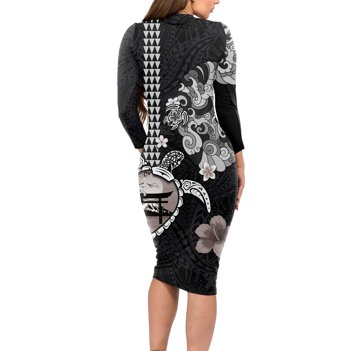 Hawaiian and Japanese Together Long Sleeve Bodycon Dress Japanese Culture and Turtle Kakau Tattoo Black Color LT03 - Polynesian Pride