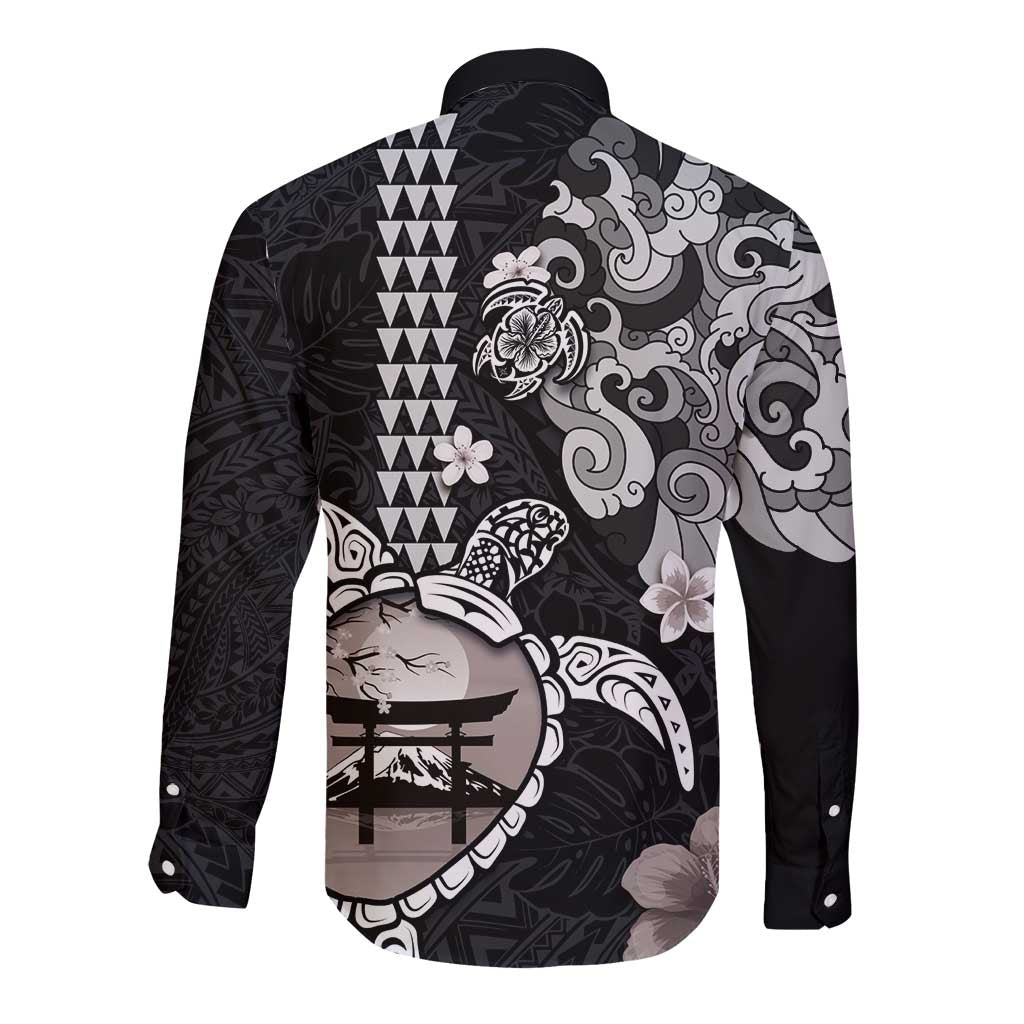 Hawaiian and Japanese Together Long Sleeve Button Shirt Japanese Culture and Turtle Kakau Tattoo Black Color LT03 - Polynesian Pride