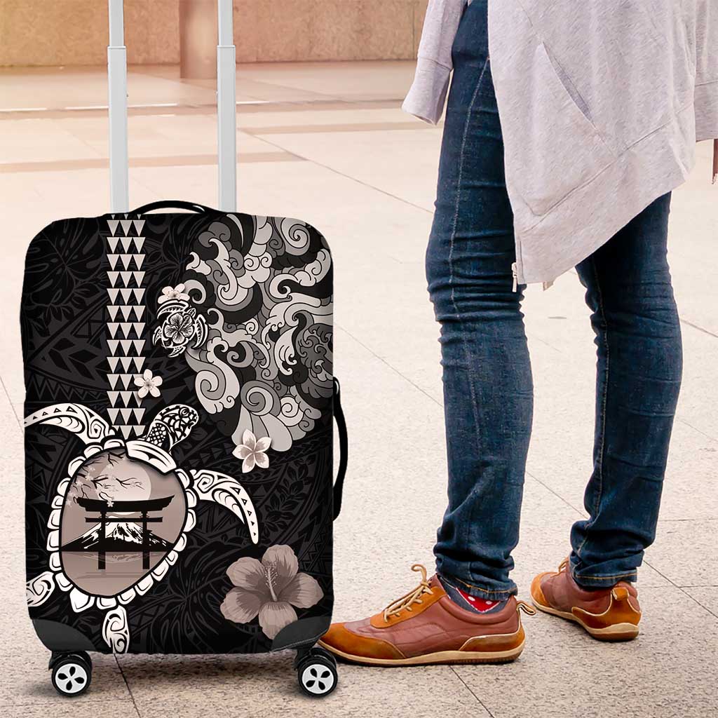 Hawaiian and Japanese Together Luggage Cover Japanese Culture and Turtle Kakau Tattoo Black Color LT03 Black - Polynesian Pride