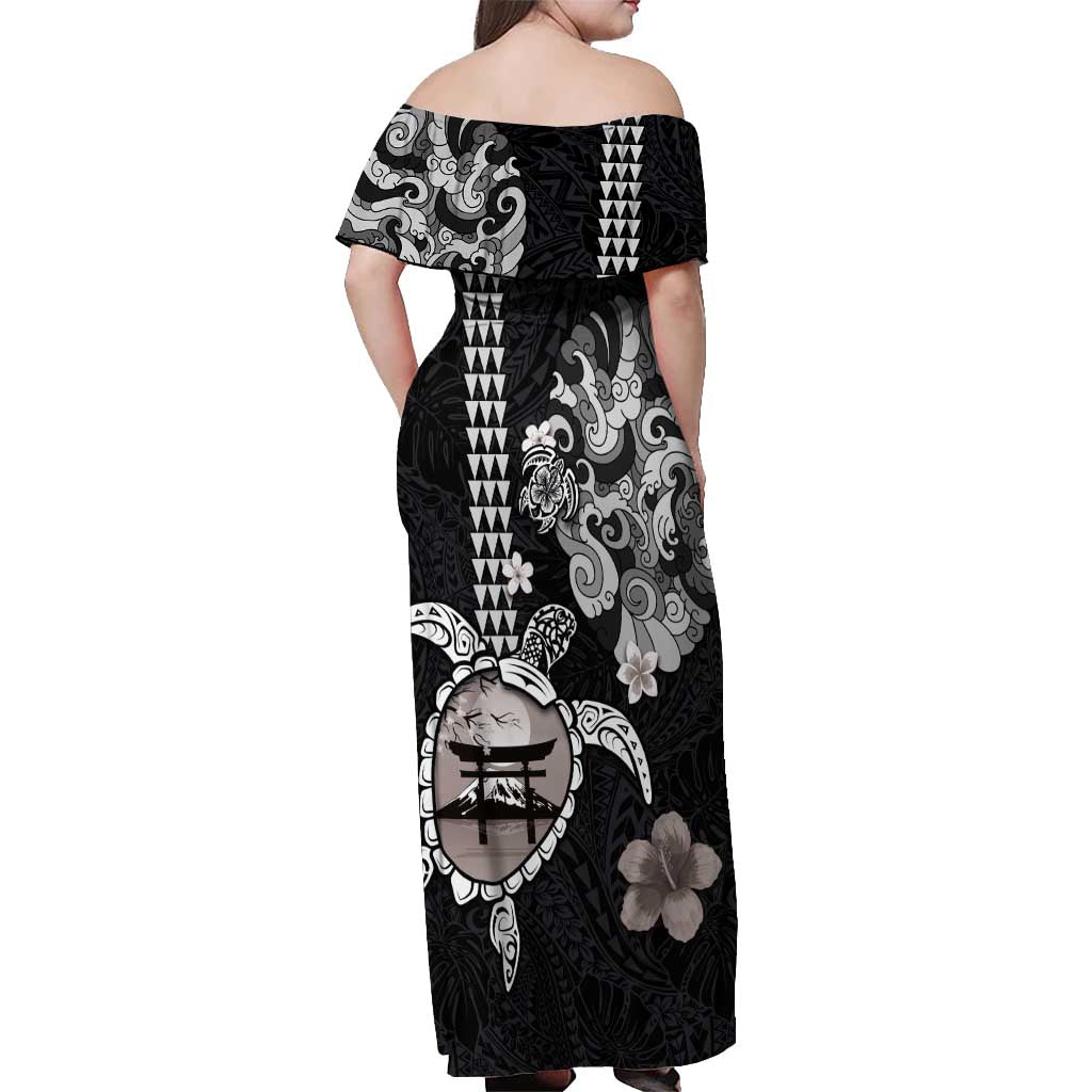 Hawaiian and Japanese Together Off Shoulder Maxi Dress Japanese Culture and Turtle Kakau Tattoo Black Color LT03 - Polynesian Pride