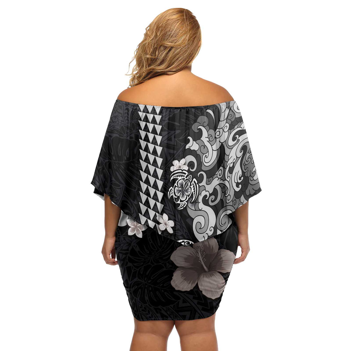 Hawaiian and Japanese Together Off Shoulder Short Dress Japanese Culture and Turtle Kakau Tattoo Black Color LT03 - Polynesian Pride