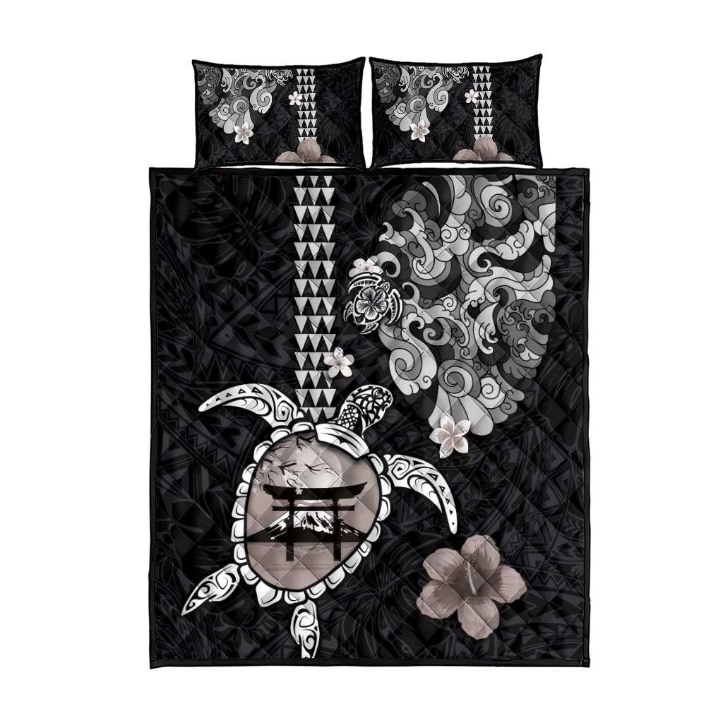 Hawaiian and Japanese Together Quilt Bed Set Japanese Culture and Turtle Kakau Tattoo Black Color LT03 - Polynesian Pride