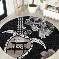 Hawaiian and Japanese Together Round Carpet Japanese Culture and Turtle Kakau Tattoo Black Color LT03 Black - Polynesian Pride