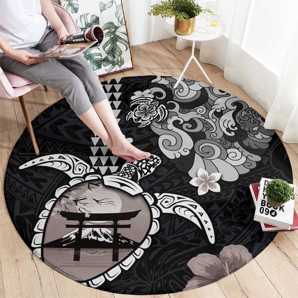 Hawaiian and Japanese Together Round Carpet Japanese Culture and Turtle Kakau Tattoo Black Color LT03 - Polynesian Pride