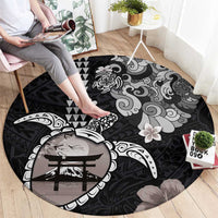 Hawaiian and Japanese Together Round Carpet Japanese Culture and Turtle Kakau Tattoo Black Color LT03 - Polynesian Pride