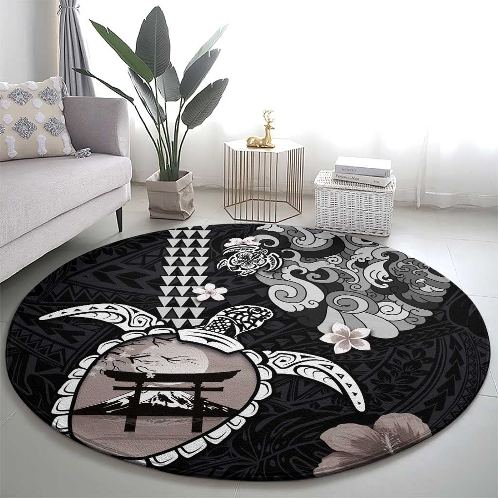 Hawaiian and Japanese Together Round Carpet Japanese Culture and Turtle Kakau Tattoo Black Color LT03 - Polynesian Pride