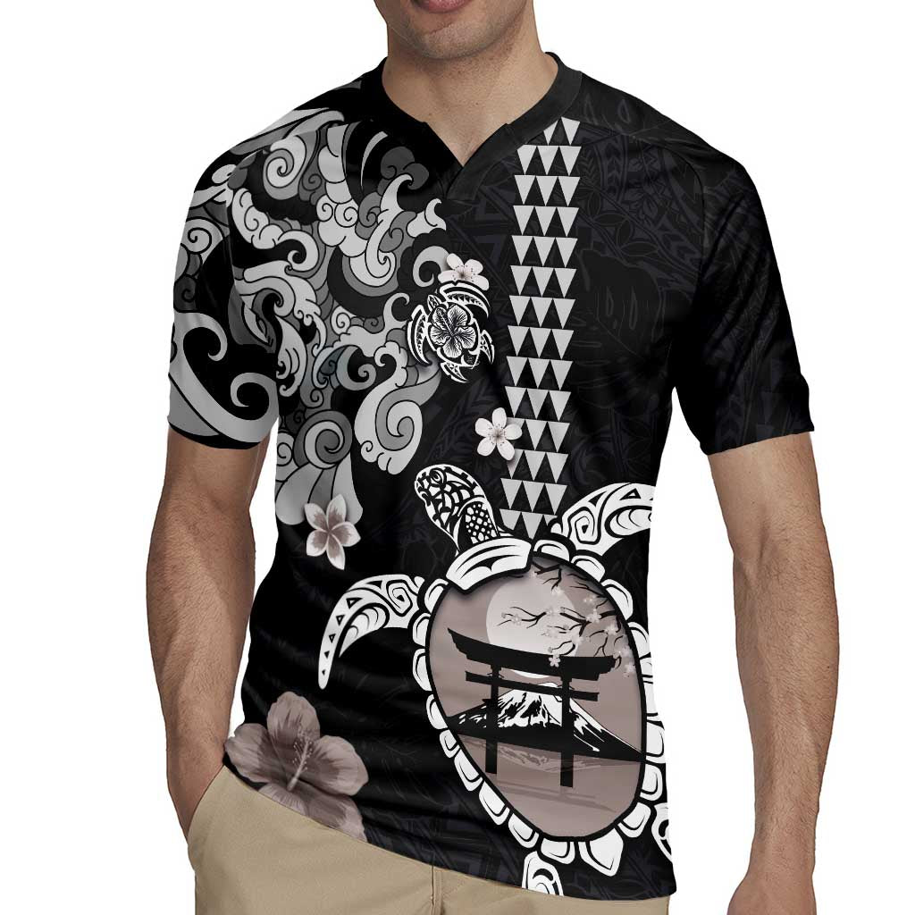 Hawaiian and Japanese Together Rugby Jersey Japanese Culture and Turtle Kakau Tattoo Black Color LT03 - Polynesian Pride