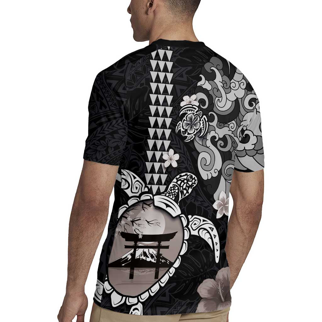 Hawaiian and Japanese Together Rugby Jersey Japanese Culture and Turtle Kakau Tattoo Black Color LT03 - Polynesian Pride