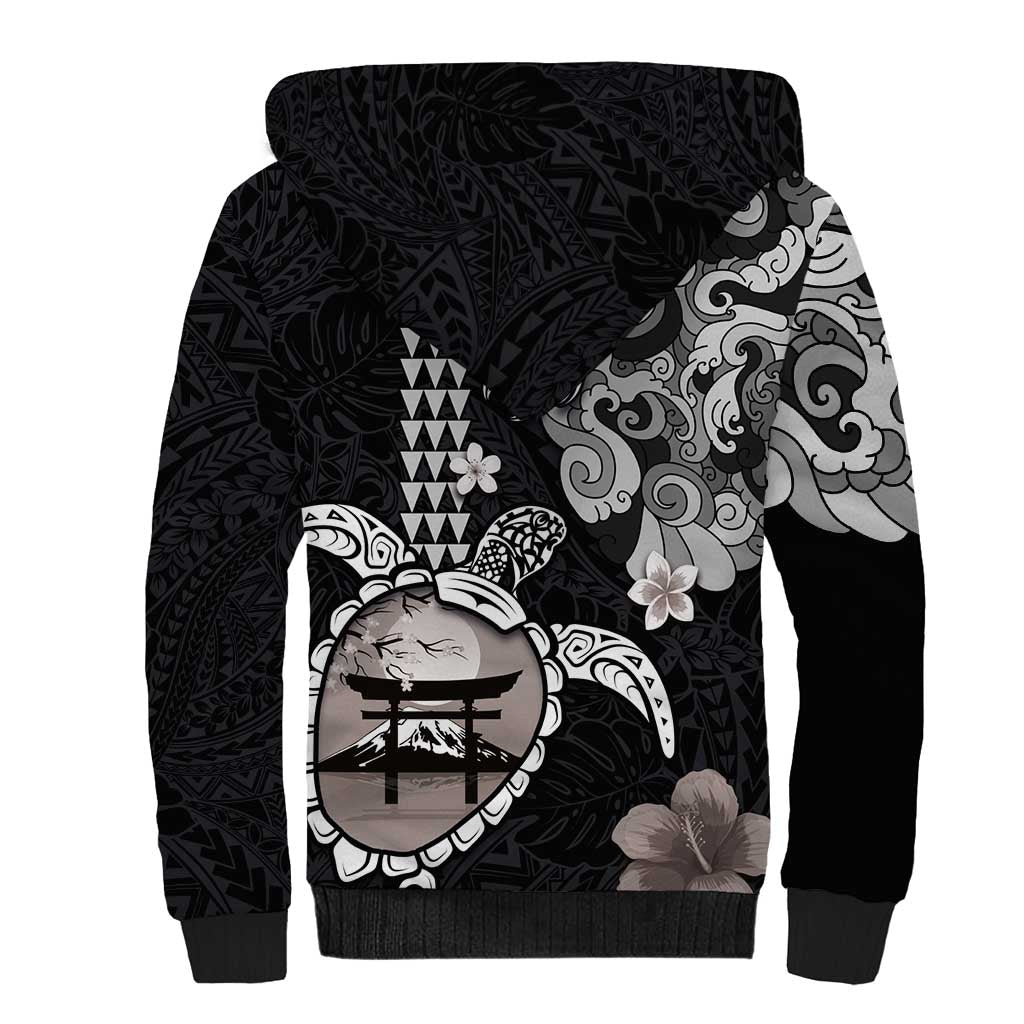 Hawaiian and Japanese Together Sherpa Hoodie Japanese Culture and Turtle Kakau Tattoo Black Color LT03 - Polynesian Pride