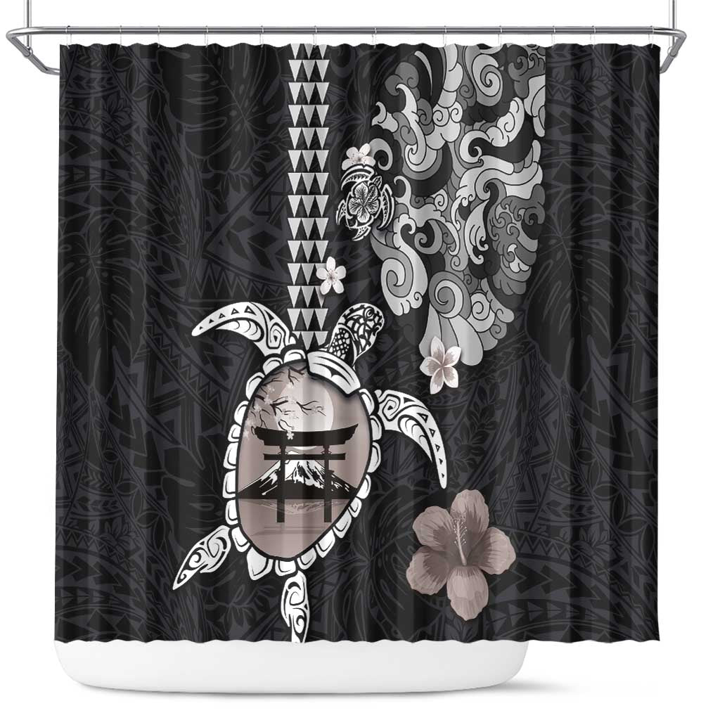 Hawaiian and Japanese Together Shower Curtain Japanese Culture and Turtle Kakau Tattoo Black Color LT03 Black - Polynesian Pride
