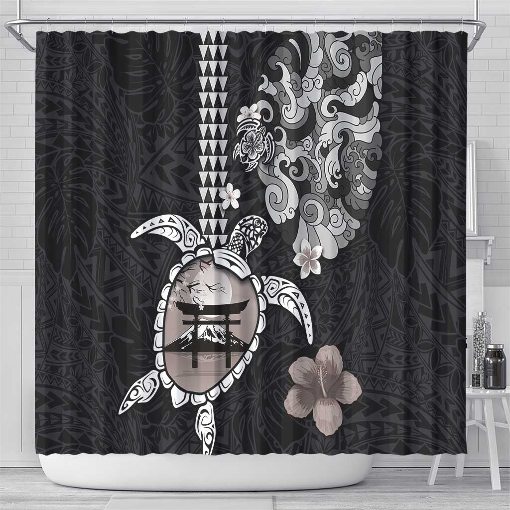 Hawaiian and Japanese Together Shower Curtain Japanese Culture and Turtle Kakau Tattoo Black Color LT03 - Polynesian Pride