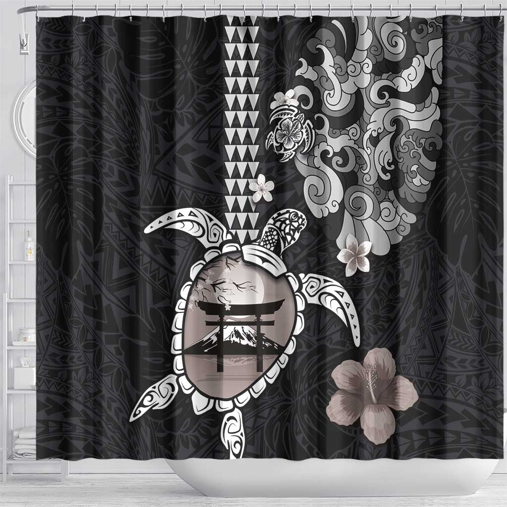 Hawaiian and Japanese Together Shower Curtain Japanese Culture and Turtle Kakau Tattoo Black Color LT03 - Polynesian Pride