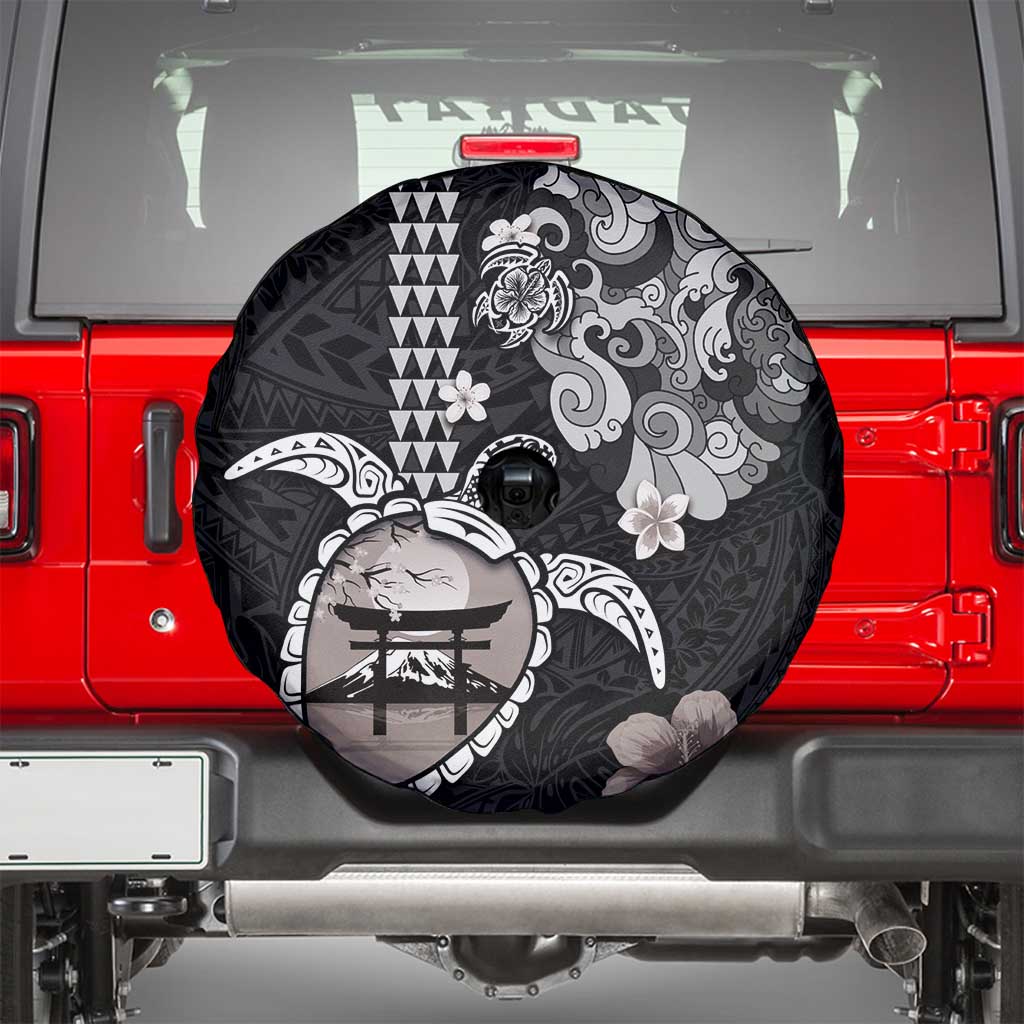 Hawaiian and Japanese Together Spare Tire Cover Japanese Culture and Turtle Kakau Tattoo Black Color LT03 - Polynesian Pride