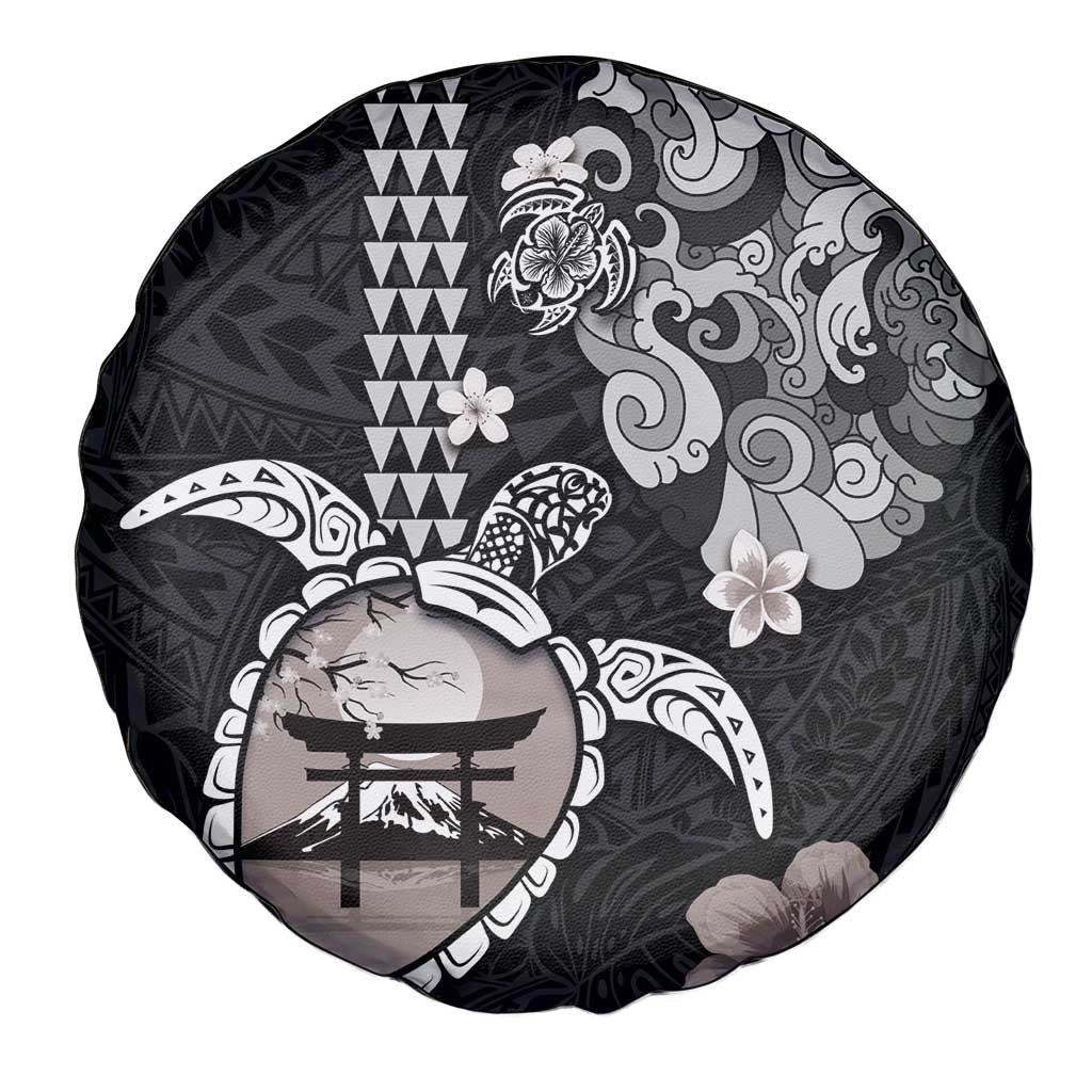 Hawaiian and Japanese Together Spare Tire Cover Japanese Culture and Turtle Kakau Tattoo Black Color LT03 - Polynesian Pride