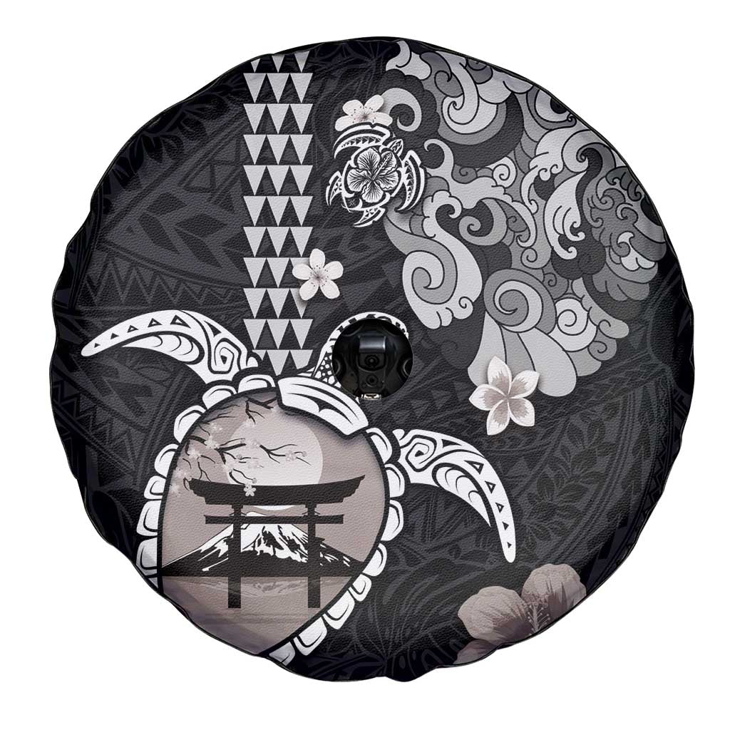 Hawaiian and Japanese Together Spare Tire Cover Japanese Culture and Turtle Kakau Tattoo Black Color LT03 - Polynesian Pride