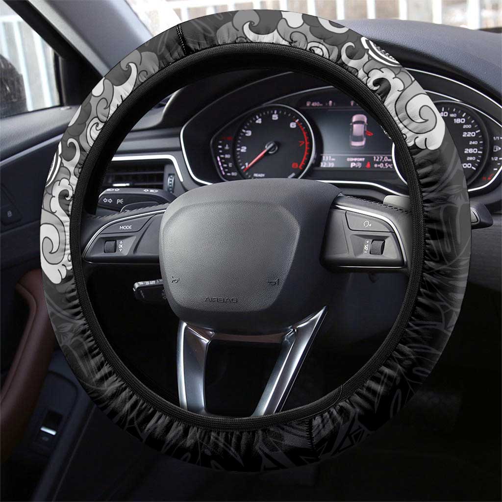 Hawaiian and Japanese Together Steering Wheel Cover Japanese Culture and Turtle Kakau Tattoo Black Color LT03 - Polynesian Pride