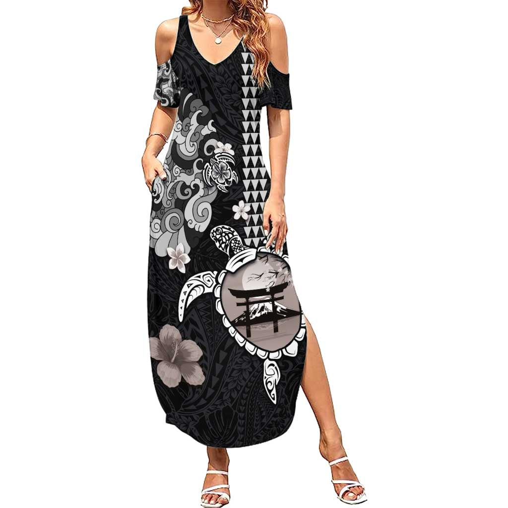 Hawaiian and Japanese Together Summer Maxi Dress Japanese Culture and Turtle Kakau Tattoo Black Color LT03 Women Black - Polynesian Pride