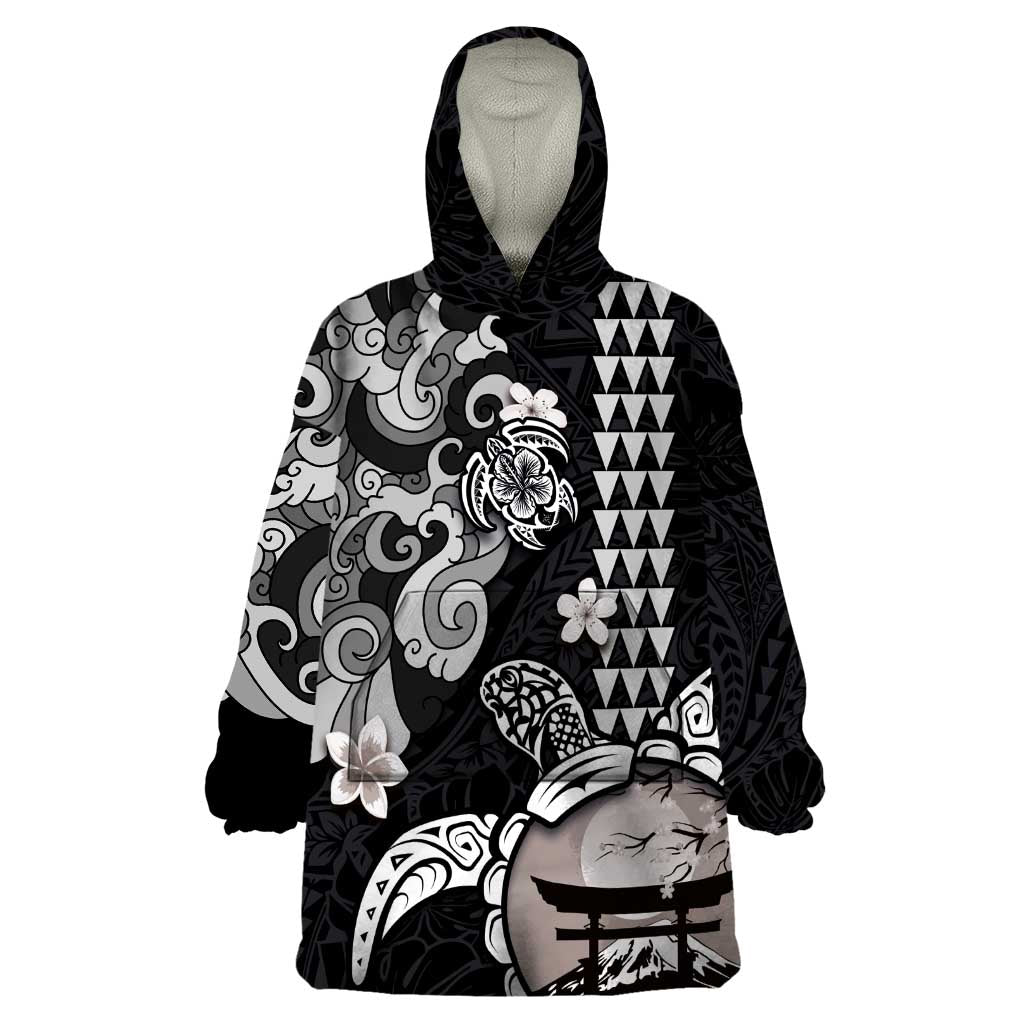 Hawaiian and Japanese Together Wearable Blanket Hoodie Japanese Culture and Turtle Kakau Tattoo Black Color LT03 One Size Black - Polynesian Pride