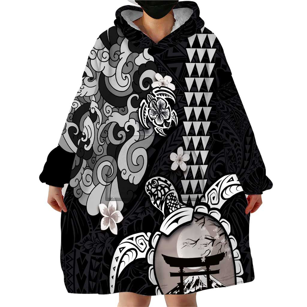 Hawaiian and Japanese Together Wearable Blanket Hoodie Japanese Culture and Turtle Kakau Tattoo Black Color LT03 - Polynesian Pride