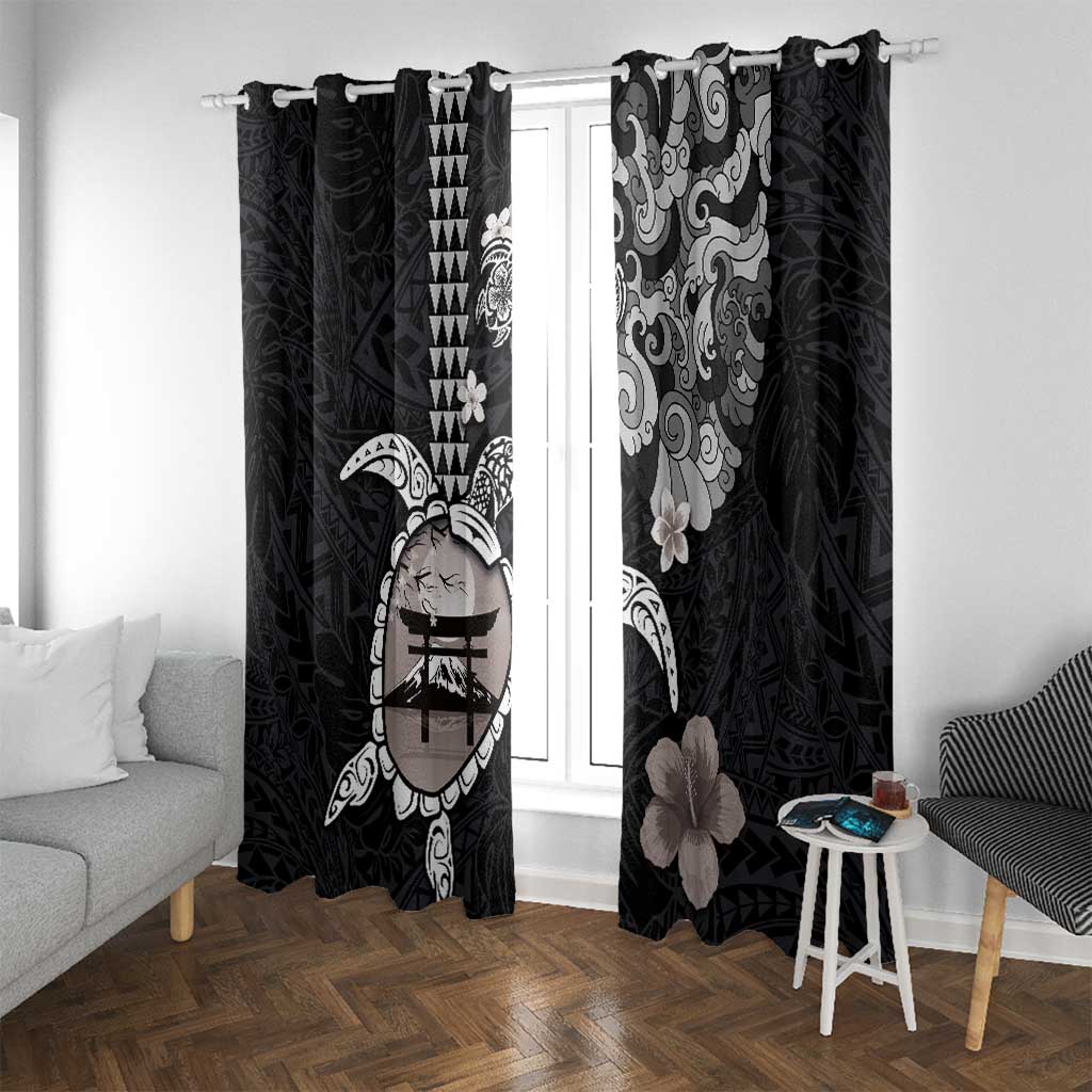 Hawaiian and Japanese Together Window Curtain Japanese Culture and Turtle Kakau Tattoo Black Color LT03 With Grommets Black - Polynesian Pride