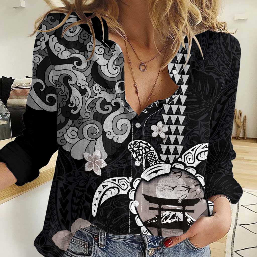 Hawaiian and Japanese Together Women Casual Shirt Japanese Culture and Turtle Kakau Tattoo Black Color LT03 Female Black - Polynesian Pride