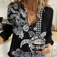 Hawaiian and Japanese Together Women Casual Shirt Japanese Culture and Turtle Kakau Tattoo Black Color LT03 Female Black - Polynesian Pride