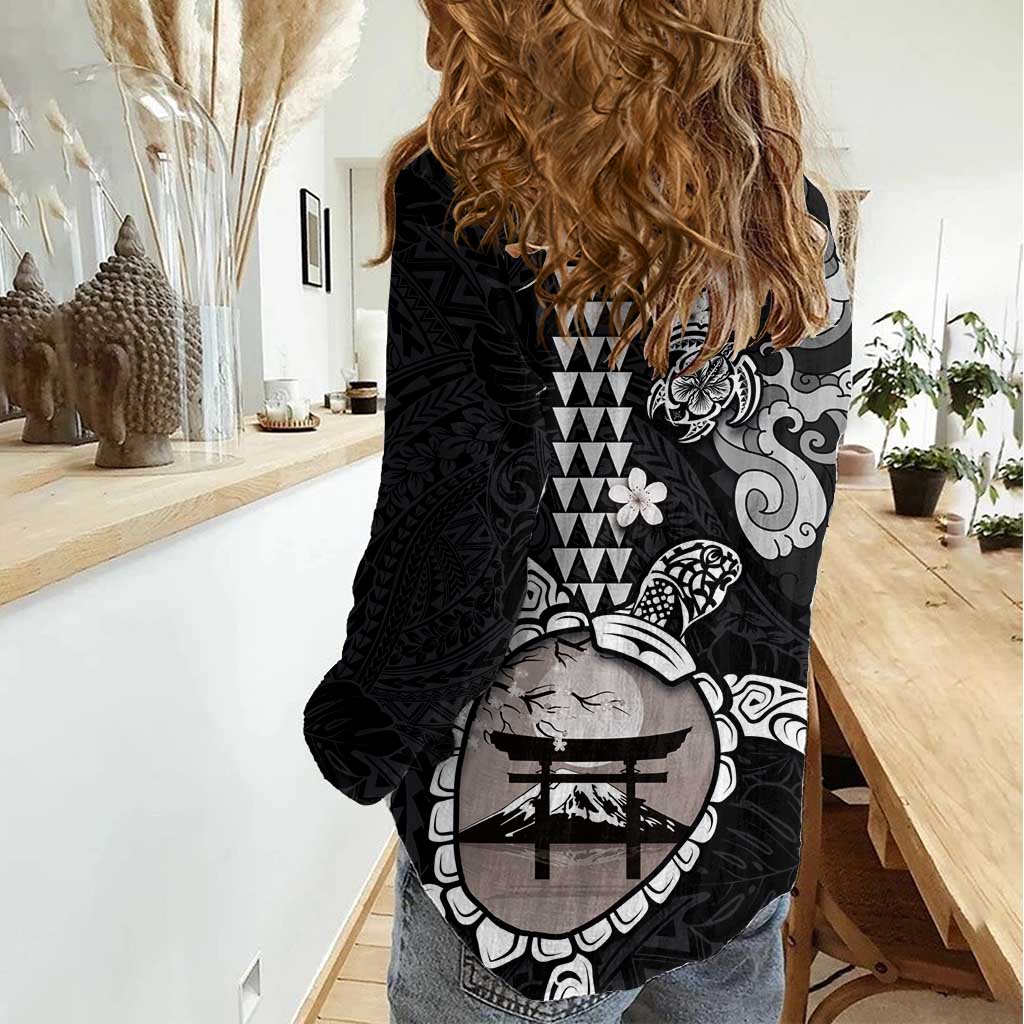 Hawaiian and Japanese Together Women Casual Shirt Japanese Culture and Turtle Kakau Tattoo Black Color LT03 - Polynesian Pride