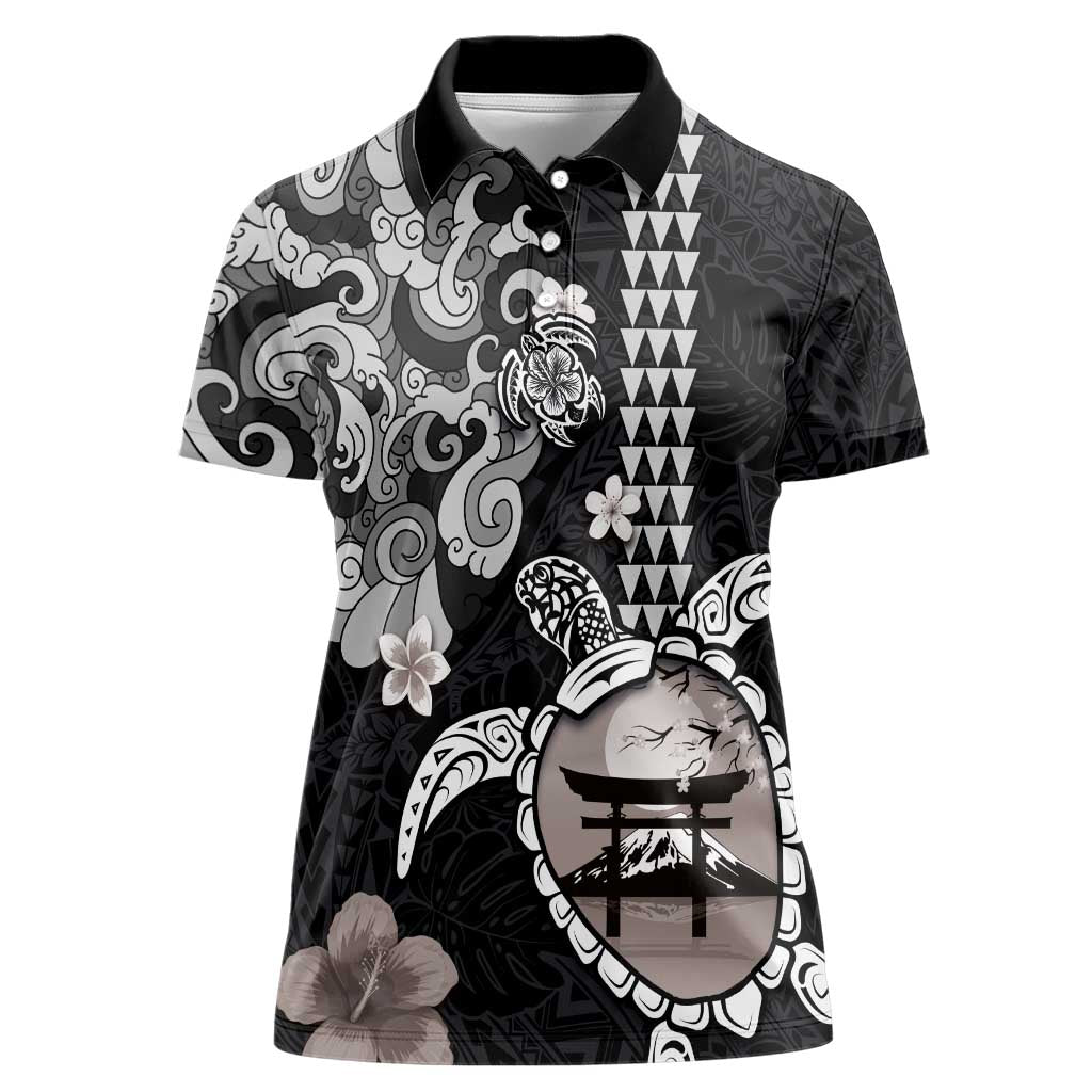 Hawaiian and Japanese Together Women Polo Shirt Japanese Culture and Turtle Kakau Tattoo Black Color LT03 Female Black - Polynesian Pride