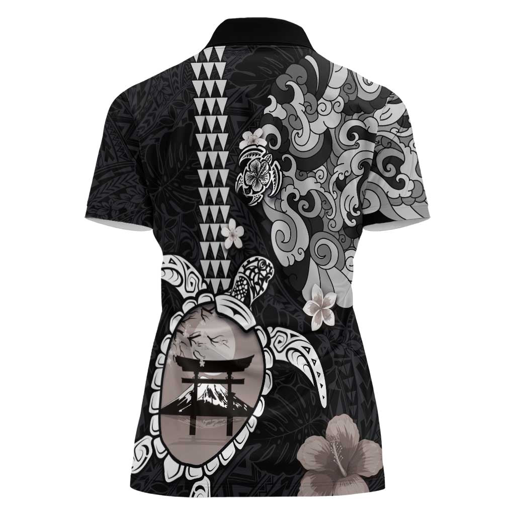 Hawaiian and Japanese Together Women Polo Shirt Japanese Culture and Turtle Kakau Tattoo Black Color LT03 - Polynesian Pride