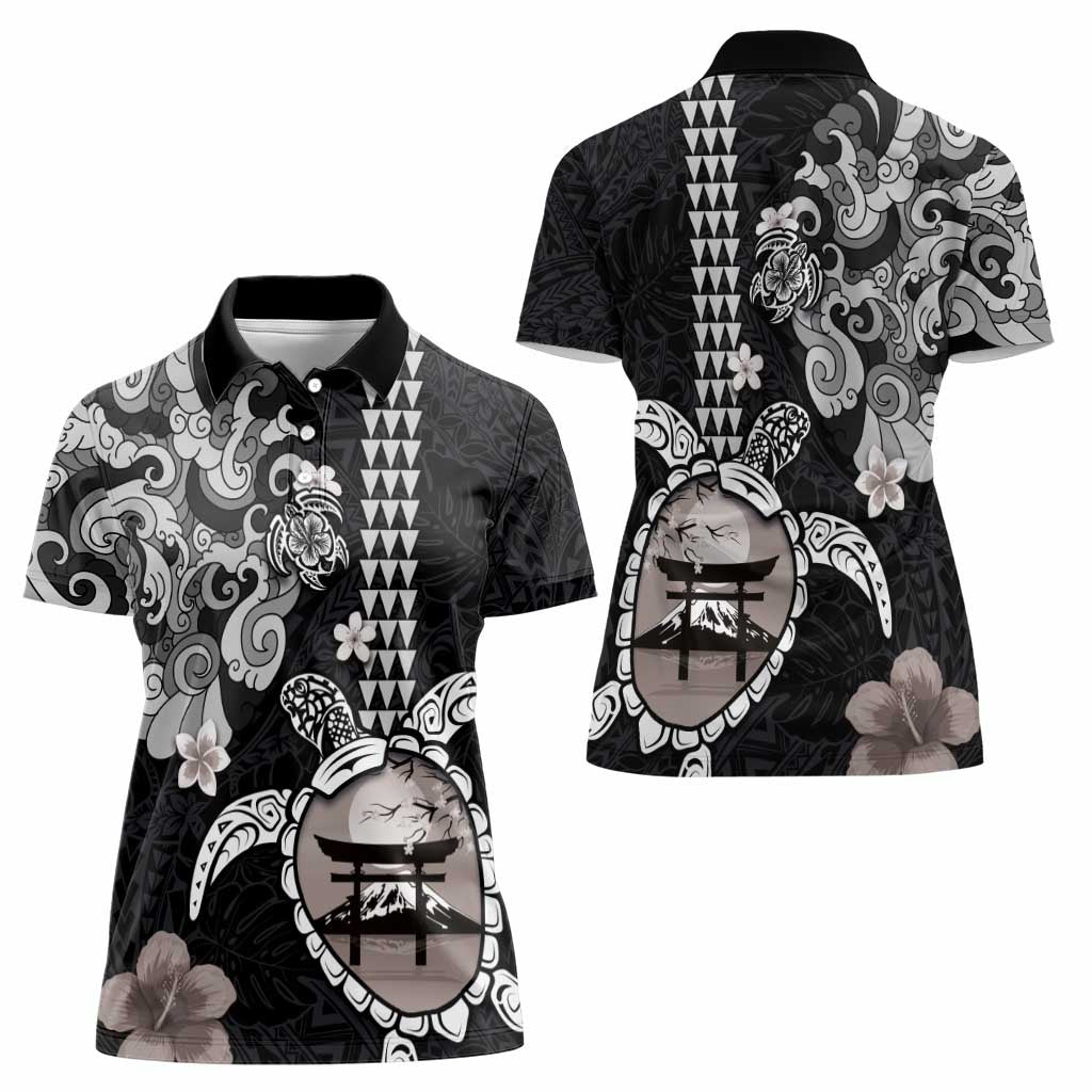 Hawaiian and Japanese Together Women Polo Shirt Japanese Culture and Turtle Kakau Tattoo Black Color LT03 - Polynesian Pride