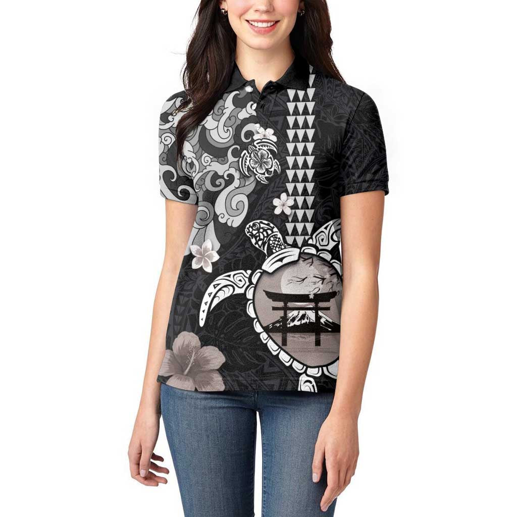 Hawaiian and Japanese Together Women Polo Shirt Japanese Culture and Turtle Kakau Tattoo Black Color LT03 - Polynesian Pride