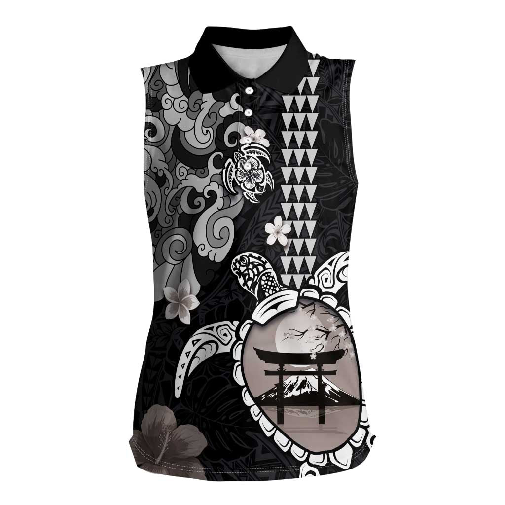 Hawaiian and Japanese Together Women Sleeveless Polo Shirt Japanese Culture and Turtle Kakau Tattoo Black Color LT03 Female Black - Polynesian Pride