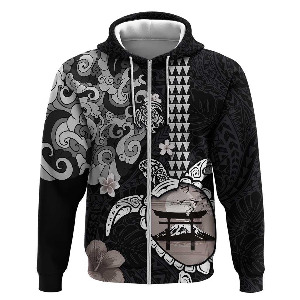 Hawaiian and Japanese Together Zip Hoodie Japanese Culture and Turtle Kakau Tattoo Black Color LT03 Zip Hoodie Black - Polynesian Pride