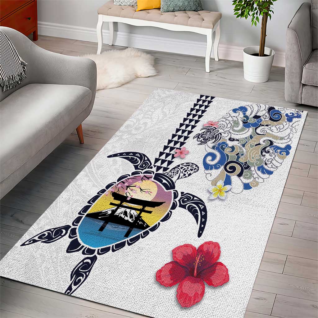 Hawaiian and Japanese Together Area Rug Japanese Culture and Turtle Kakau Tattoo White Color LT03 - Polynesian Pride