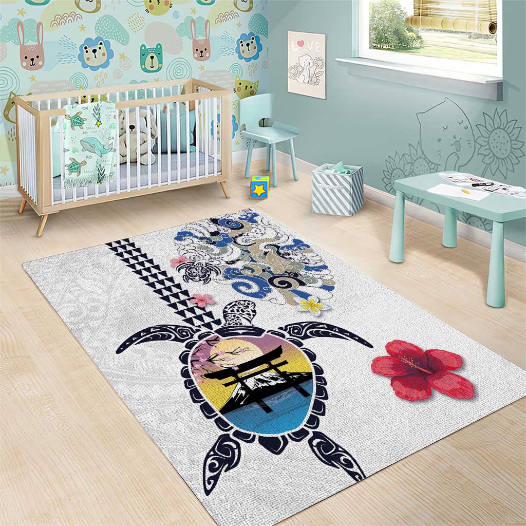 Hawaiian and Japanese Together Area Rug Japanese Culture and Turtle Kakau Tattoo White Color LT03 - Polynesian Pride