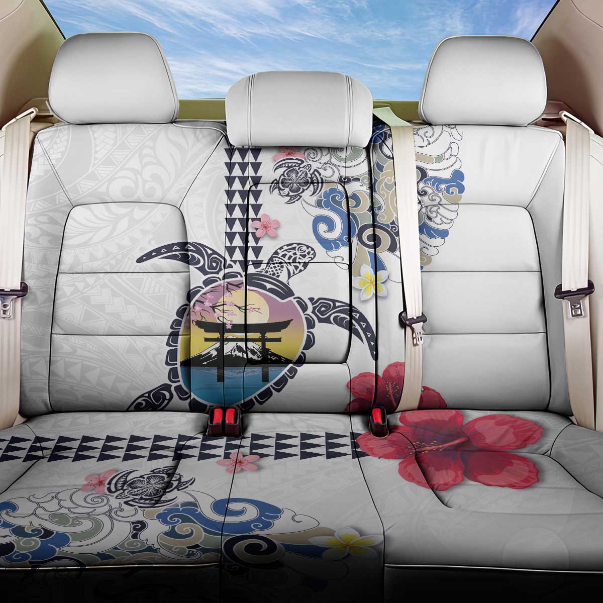 Hawaiian and Japanese Together Back Car Seat Cover Japanese Culture and Turtle Kakau Tattoo White Color LT03 One Size White - Polynesian Pride