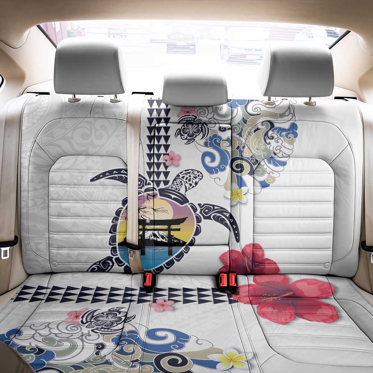 Hawaiian and Japanese Together Back Car Seat Cover Japanese Culture and Turtle Kakau Tattoo White Color LT03 - Polynesian Pride