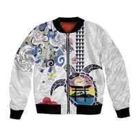 Hawaiian and Japanese Together Bomber Jacket Japanese Culture and Turtle Kakau Tattoo White Color LT03 Unisex White - Polynesian Pride