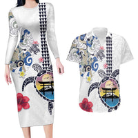 Hawaiian and Japanese Together Couples Matching Long Sleeve Bodycon Dress and Hawaiian Shirt Japanese Culture and Turtle Kakau Tattoo White Color