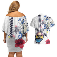 Hawaiian and Japanese Together Couples Matching Off Shoulder Short Dress and Hawaiian Shirt Japanese Culture and Turtle Kakau Tattoo White Color