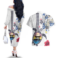 Hawaiian and Japanese Together Couples Matching Off The Shoulder Long Sleeve Dress and Hawaiian Shirt Japanese Culture and Turtle Kakau Tattoo White Color
